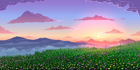 Vector spring landscape background. Mountains and flowering meadows at sunset.