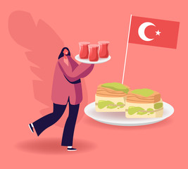 Cheerful Woman Carry Tray with Tea in Glasses near Plate with Traditional Turkish Sweets and Turkey Flag. Tourist Visiting Oriental Restaurant, Cooking Workshop Class Cartoon Flat Vector Illustration