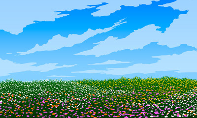 Vector illustration. Green colorful flowering meadows in spring.