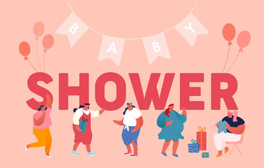 Baby Shower Celebration Concept. Characters Visiting Pregnant Woman in Room Decorated with Balloons and Garlands Giving Presents to Girl Poster Banner Flyer Brochure. Cartoon Flat Vector Illustration