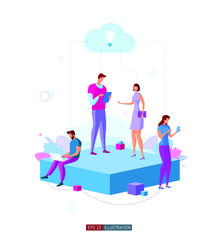Trendy flat illustration. People are talking. Office workers planing business mechanism, analyze business strategy and exchange ideas.Template for your design works. Vector graphics.