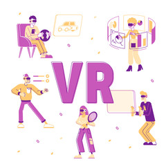 People Use Virtual Reality Technology Concept. Characters in Vr Goggles Playing Augmented Reality Games, Work with Data Analysis Poster Banner Flyer Brochure. Cartoon Flat Vector Illustration Line Art