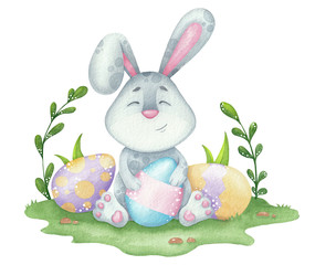 Cute Easter bunny and eggs watercolor illustration for card