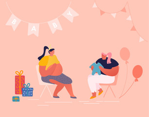 Young Woman Giving Child Clothing to Pregnant Woman in Room Decorated with Balloons and Garlands for Baby Shower Celebration. Friend Bringing Gift for Future Mother, Cartoon Flat Vector Illustration