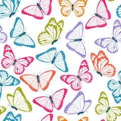Color flying butterflies seamless pattern. Isolated on white background. Vector illustration.