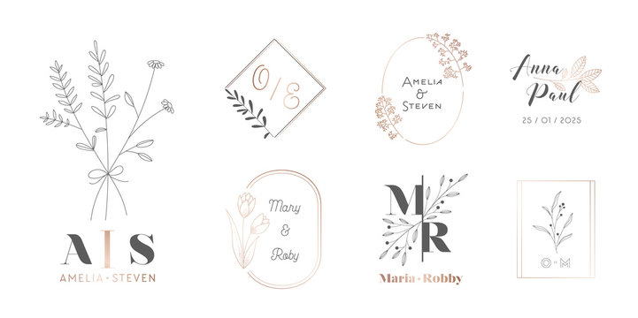 Set of Wedding Monogram with Flowers and Branches, Logos with Hand Drawn Herbs and Plants, Elegant Leaves for Invitation, Save the Date Card Design Botanical Rustic Trendy Greenery Vector Illustration