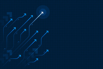 Light arrow circuit on blue background illustration, copy space composition, business growth digital concept.