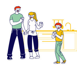 Happy Family of Mother, Father and Preteen Boy Holding Glasses on Kitchen. Healthy Habit and Lifestyle Concept. Young Parents and Kid Drinking Fresh Water at Home. Cartoon Flat Vector Illustration