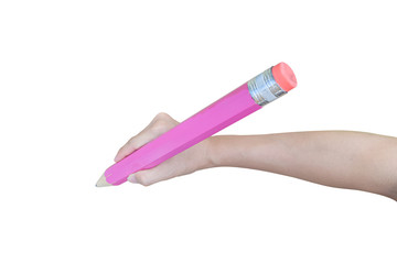 Hand is holding big pencil writing, Isolated on white background.