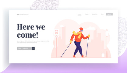 Senior Lady Walking with Scandinavian Sticks Website Landing Page. Outdoor Fitness Activity, Healthy Lifestyle, Sport Life, Old Woman Sports Exercise Web Page Banner. Cartoon Flat Vector Illustration
