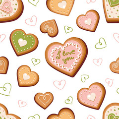 Gingerbread cookies in the form of a heart vector seamless pattern. Delicious pastries seamless texture.