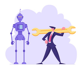 Robotics Engineering, Chatbot and Automatization in Business Concept. Businessman Holding Huge Wrench Stand near Cyborg. Robots in Human Life, Artificial Intelligence Cartoon Flat Vector Illustration