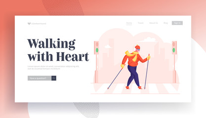 Old Lady Nordic Walk Open Air Workout with Sticks Website Landing Page. Happy Senior Lady Hiking Training on City Street. Pensioner Healthy Lifestyle Web Page Banner. Cartoon Flat Vector Illustration