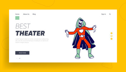 Obraz na płótnie Canvas Kids Theater Performance or Talent Show Spectacle Website Landing Page. Schoolboy Actor in Superhero Costume and Cloak Playing Role Acting on Scene Web Page Banner. Cartoon Flat Vector Illustration