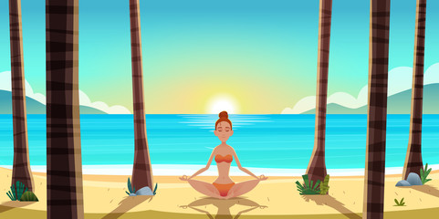 Beautiful young woman sitting on the seaside beach and relaxing in yoga pose.  © Vector_Vision