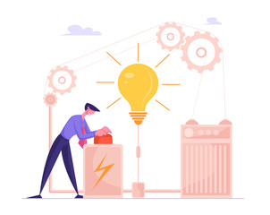 Businessman Launch Business Project Startup or Finance Idea Pushing Red Button in Mechanism with Cogwheels. Creative Business Man with Lever Arm Start Up Realization Cartoon Flat Vector Illustration