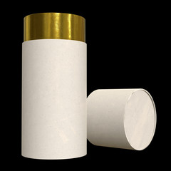 Kraft paper cardboard tube package with gold part mock up. 3d render on black background.