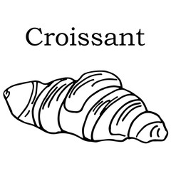 Hand drawn croissant. Vector isolated on white background. French breakfast. Simple lines. With sign