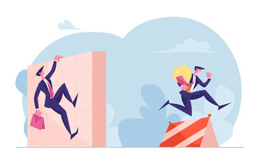 Business People Characters Running Competition. Businessmen Holding Huge Lamp and Briefcase in Hands Jump over Barriers. Leadership Colleague Chase Successful Leader Cartoon Flat Vector Illustration