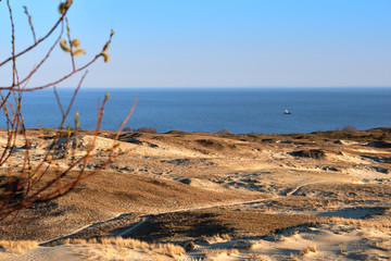 Fototapeta premium Sunset view of nordic dunes and Baltic sea at Curonian spit, Nida, Klaipeda, Lithuania