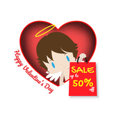 Cute cupid hold a red shopping bags with yellow lettering 'SALE' in the red hearts flame isolated on white background vector design.