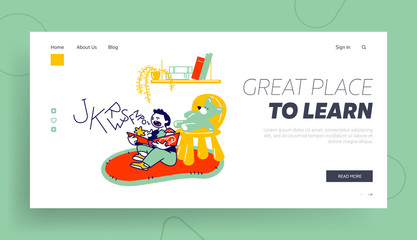 Logopedy Lesson, Kid Learning to Speak Correctly Website Landing Page. Little Boy Sitting on Floor Reading Book. Toddler Practicing Pronunciation Web Page Banner. Cartoon Flat Vector Illustration
