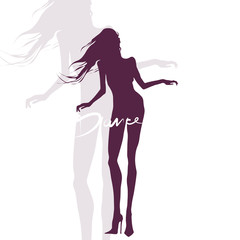 Dancing woman. Silhouette of slender girl with long hair. Vector