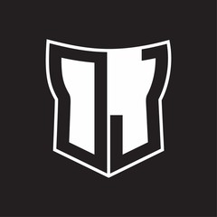 DJ Logo monogram with negative space abstract shield shape design template on black background