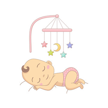 Cute baby sleeping under a mobile toy, colorful cartoon character vector Illustration.