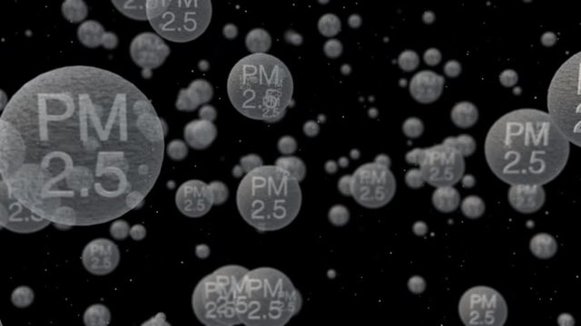 3D Rendering, Animation of PM 2.5 dust particle sign isolate in black background, smog, bad air pollution.