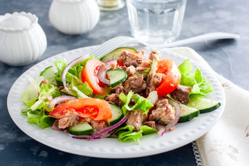 Salad with tuna and fresh tomatoes, cucumber and onions, on a white plate, selective focus