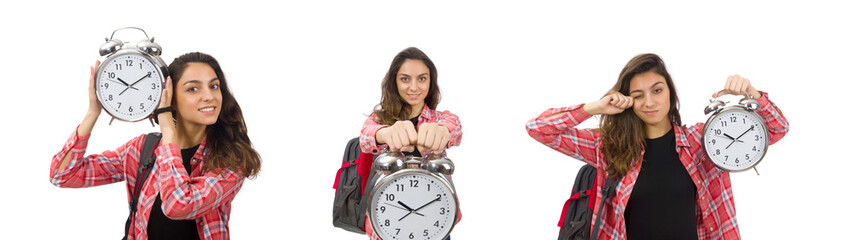 Young student girl with alarm clock