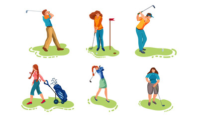 Set of different young people playing golf on the grass. Vector illustration in flat cartoon style