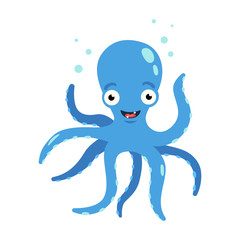 Blue Octopus with air bubbles under water. Vector flat illustration.