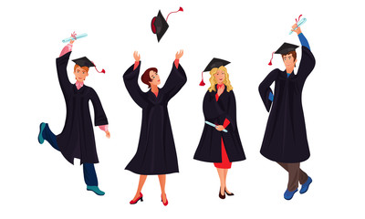 Set of various graduate students in different poses. Vector illustration in flat cartoon style