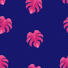 Printed roller blinds Dark blue Monstera leaf Photo pattern Seamless pattern with pink leaves of monstera on deep lilac backdrop
