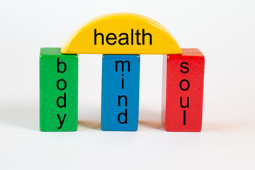 Building blocks in green, blue and red form a column portal with the following terms: body, mind,...