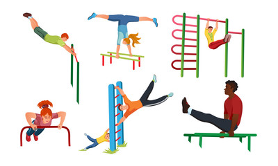 Set of different people doing sport workout on the street. Vector illustration in flat cartoon style