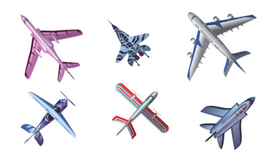 Set of different colorful airplane aircraft. Vector illustration in flat cartoon style