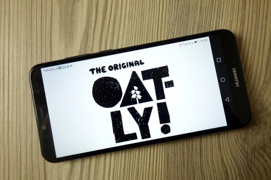 KONSKIE, POLAND - December 21, 2019: Oatly company logo on mobile phone