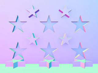 Abstract geometric pastel color mock up podium for product display; minimal scene with purple, blue and green star shaped podium against stars background 3d rendering, 3d illustration