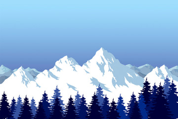 Ilustración Montañas nevadas con pinos en invierno