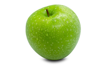 Fresh green apple with water droplets on the apple skin on a white background