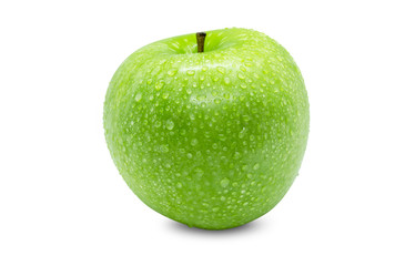 Fresh green apple with water droplets on the apple skin on a white background