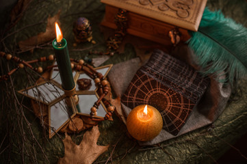 Mystical atmosphere, view of candle on the table, esoteric concept, fortune telling and predictions