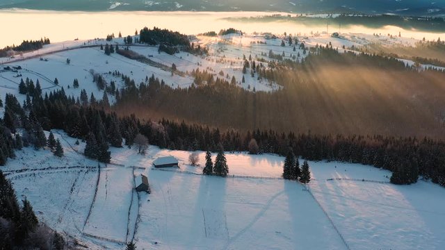 Pasul Tihuta, Romania seen from a drone early in a winter morning. 