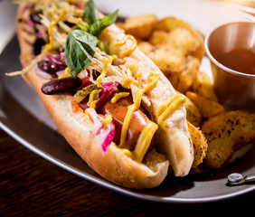 Hotdogs and French fries on a dishes. Fast food meal. Restaurant.