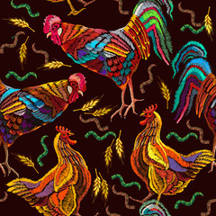Embroidery chicken and rooster, seamless pattern. Farm animals art. Template for clothes