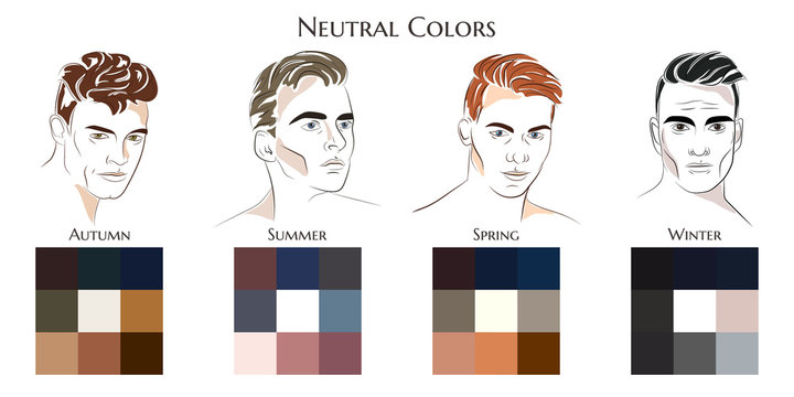 Seasonal color analysis. Vector hand drawn men with different types of male appearance. Set of palettes with neutral colors for Winter, Spring, Summer, Autumn