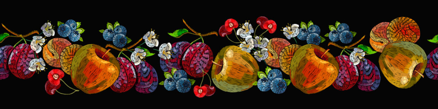 Embroidery fruit horizontal seamless pattern. Apples, plums, cherry. Summer garden art. Template for clothes, textiles, t-shirt design